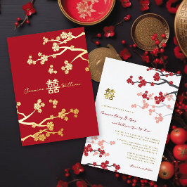 Red Sakura Golden Double Happiness Chinesische Hoc Folieneinladung