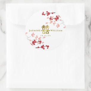 Red Sakura Golden Double Happiness Chinesische Hoc Runder Aufkleber