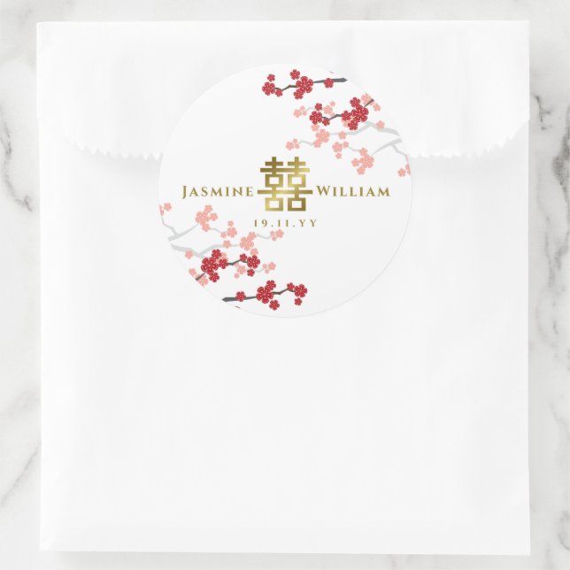 Red Sakura Golden Double Happiness Chinesische Hoc Runder Aufkleber (Tasche)