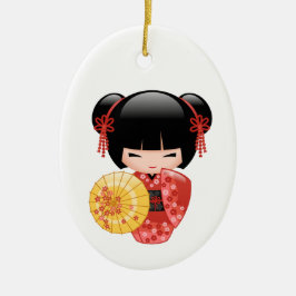 Red Sakura Kokeshi Doll - Cute Geisha on White Keramik Ornament