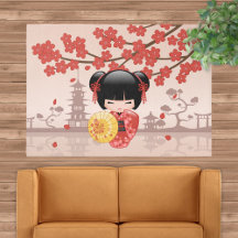 Red Sakura Kokeshi Doll Japanisch Geisha Beige