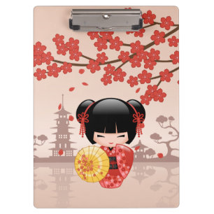 Red Sakura Kokeshi Doll Japanisch Geisha Beige Klemmbrett