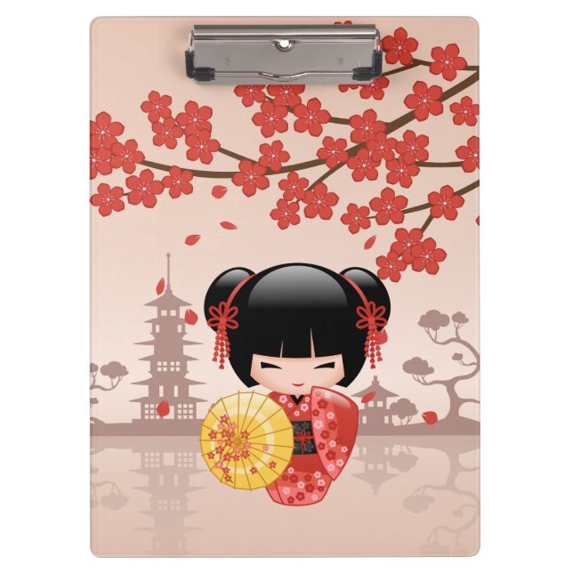 Red Sakura Kokeshi Doll Japanisch Geisha Beige Klemmbrett (Vorderseite)