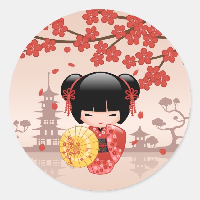 Red Sakura Kokeshi Doll Japanisch Geisha Beige Runder Aufkleber (Vorderseite)