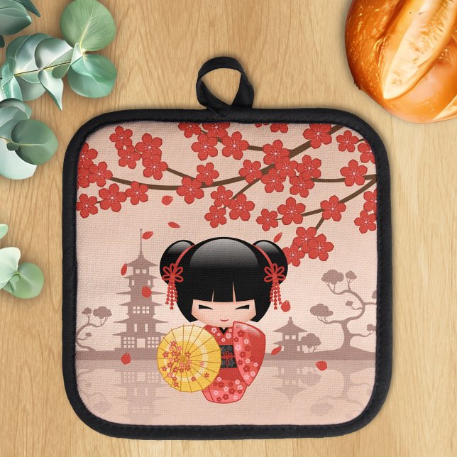 Red Sakura Kokeshi Doll Japanisch Geisha Beige Topflappen (Von Creator hochgeladen)