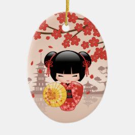 Red Sakura Kokeshi Doll - Japanisch Geisha Girl Keramik Ornament