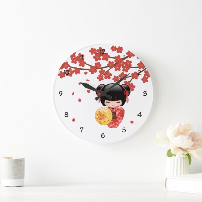 Red Sakura Kokeshi Doll - Japanisch Geisha Große Wanduhr (Zuhause)