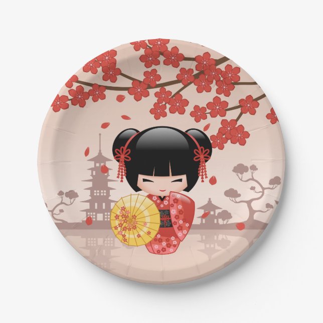 Red Sakura Kokeshi Doll - Japanisch Geisha Pappteller (Vorderseite)