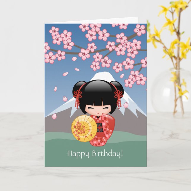Red Sakura Kokeshi Doll, Niedlich Geisha Geburtsta Karte (Gelbe Blume)