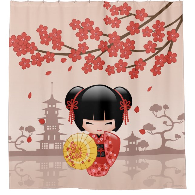 Red Sakura Kokeshi Doll Niedlich Geisha Girl Beige Duschvorhang (Vorderseite)