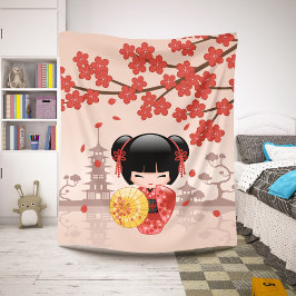 Red Sakura Kokeshi Doll Niedlich Geisha Girl Beige Sherpadecke