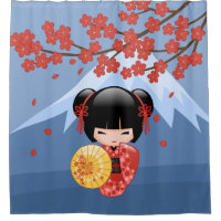 Red Sakura Kokeshi Doll Niedlich Geisha Girl Blue