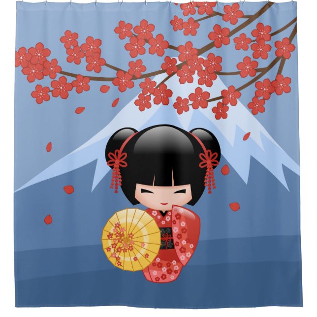 Red Sakura Kokeshi Doll Niedlich Geisha Girl Blue Duschvorhang (Vorderseite)