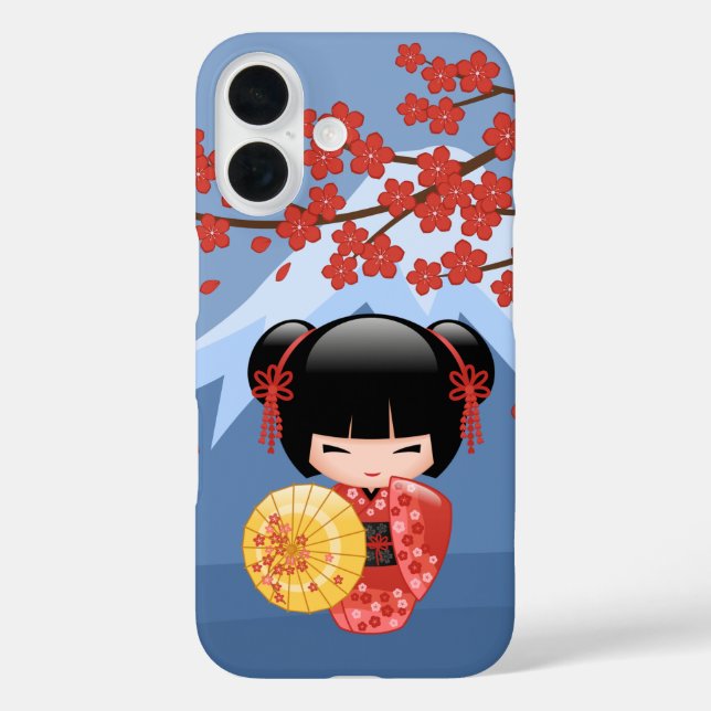Red Sakura Kokeshi Doll - Niedlich Geisha Girl iPhone 16 Hülle (Rückseite)