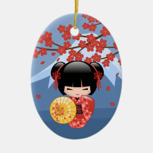 Red Sakura Kokeshi Doll - Niedlich Geisha Girl Keramik Ornament