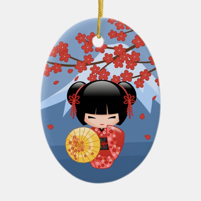 Red Sakura Kokeshi Doll - Niedlich Geisha Girl Keramik Ornament (Vorne)