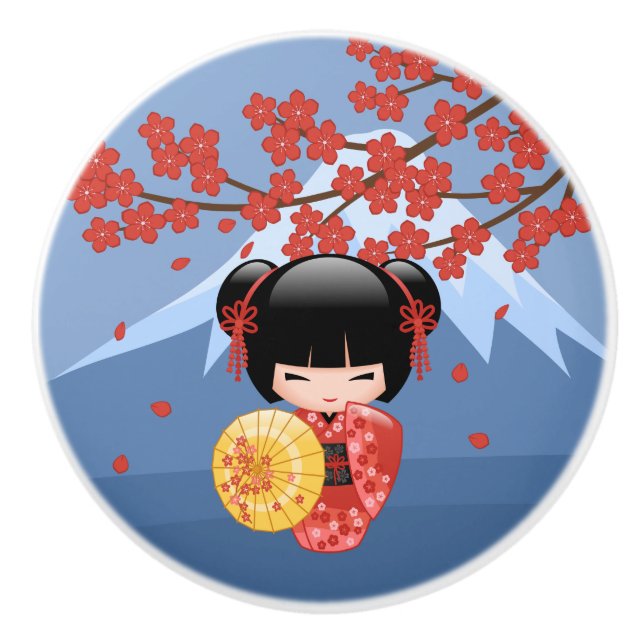 Red Sakura Kokeshi Doll - Niedlich Geisha Girl Keramikknauf (Vorderseite)