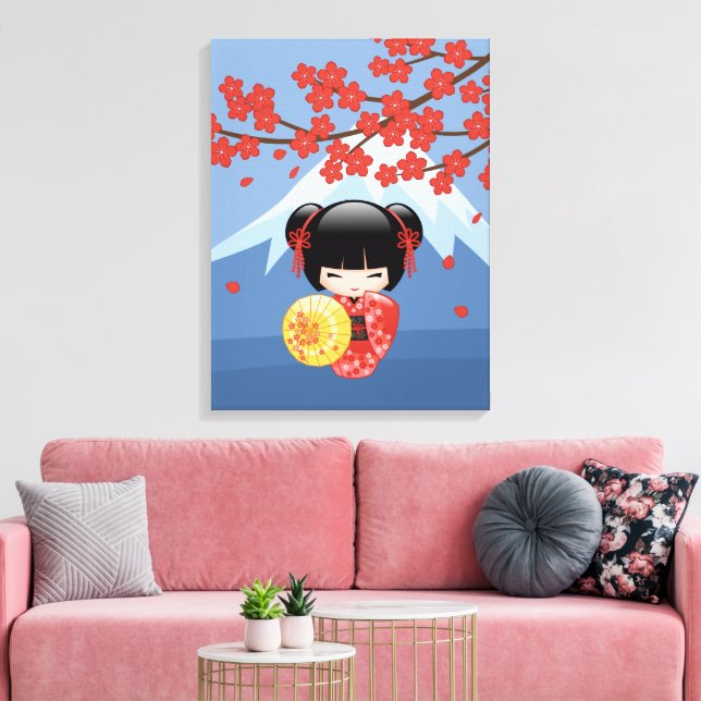 Red Sakura Kokeshi Doll - Niedlich Geisha Girl Leinwanddruck (Insitu (Wohnzimmer))