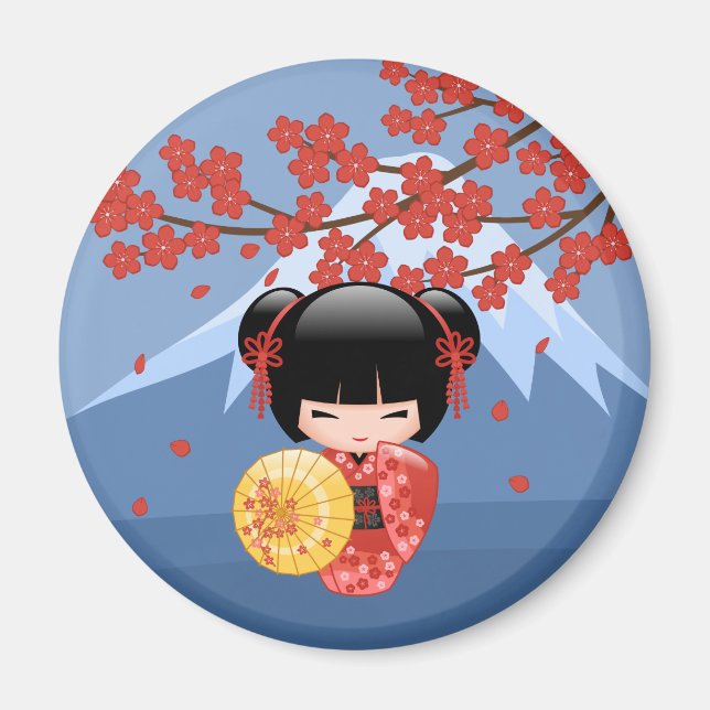 Red Sakura Kokeshi Doll - Niedlich Geisha Girl Magnet (Vorne)