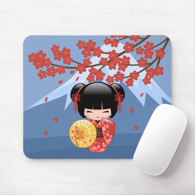 Red Sakura Kokeshi Doll - Niedlich Geisha Girl Mousepad (Mit Mouse)