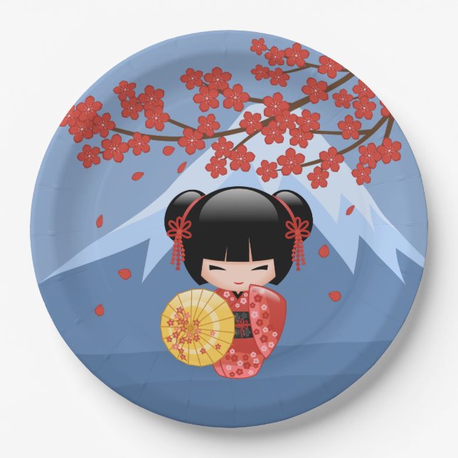 Red Sakura Kokeshi Doll - Niedlich Geisha Girl Pappteller (Vorderseite)