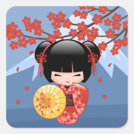 Red Sakura Kokeshi Doll - Niedlich Geisha Girl Quadratischer Aufkleber