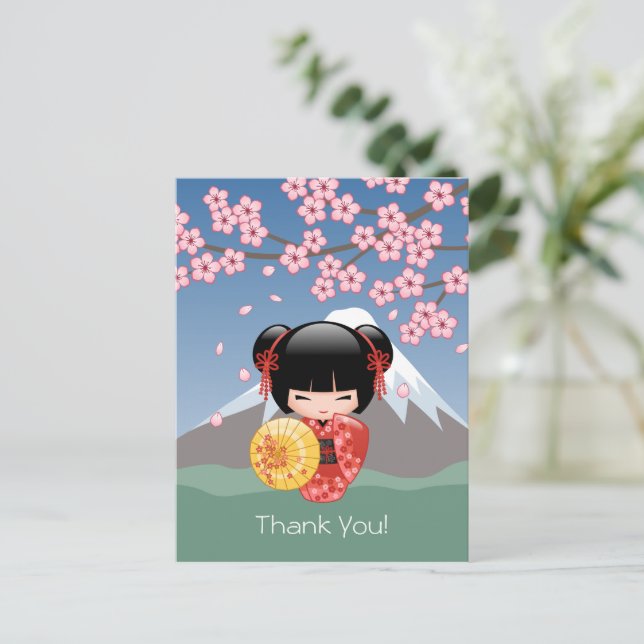 Red Sakura Kokeshi Doll - Niedlich Geisha Vielen D Postkarte (Stehend Vorderseite)