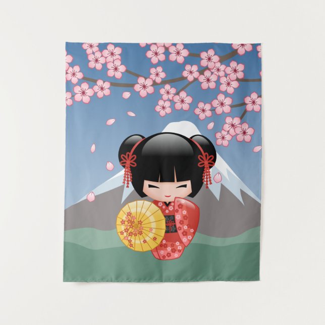 Red Sakura Kokeshi Doll - Niedlich Japanisch Geish Wandteppich (Vorderseite)