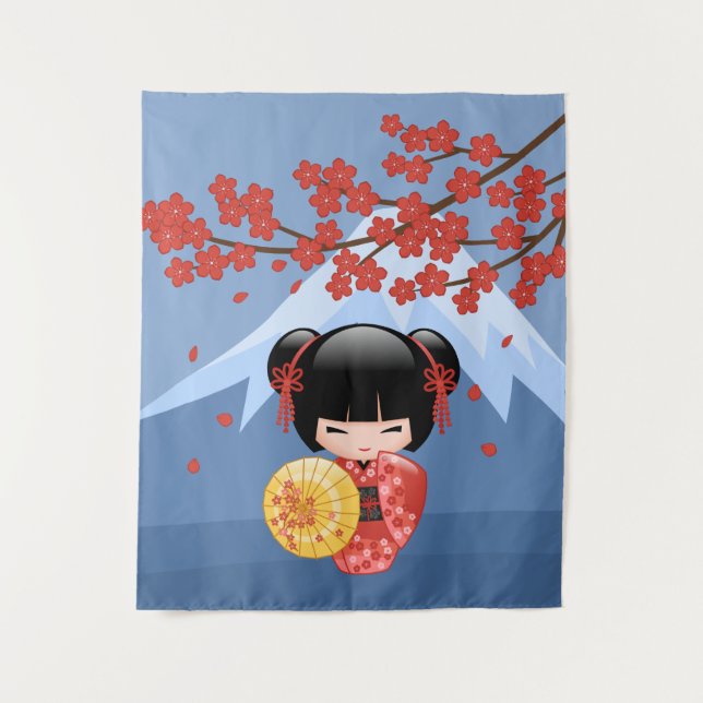 Red Sakura Kokeshi Doll - Niedlich Japanisch Geish Wandteppich (Vorderseite)