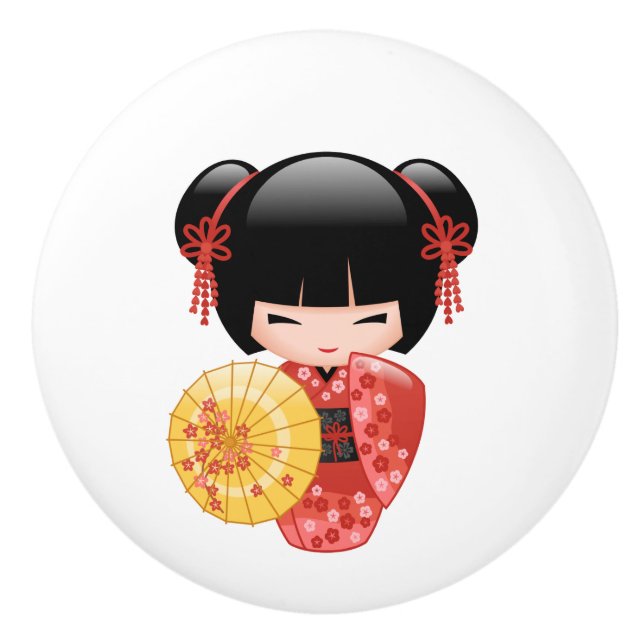 Red Sakura Kokeshi Doll - Niedliches japanisches G Keramikknauf (Vorderseite)