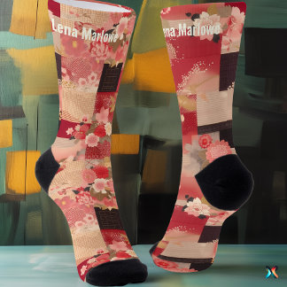 Red Sakura Patchwork Socken mit japanischem Charme