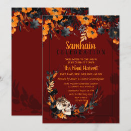 Red Samhain Floral Skull Halloween-Party Einladung