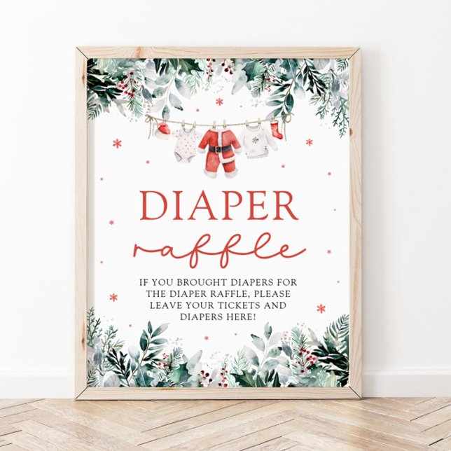 Red Santa Baby Christmas Baby Dusche Windel Raffle Poster (Watercolor Red Santa Baby Christmas Baby Shower Diaper Raffle Sign)