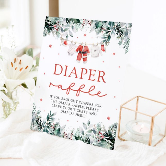 Red Santa Baby Christmas Baby Dusche Windel Raffle Sockelschild (Watercolor Red Santa Baby Christmas Baby Shower Diaper Raffle Pedestal Sign)