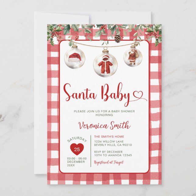 Red Santa Baby Shower Clothesline Christmas Floral Einladung (Vorderseite)