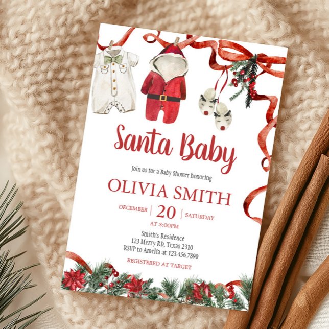 Red Santa Christmas Baby Dusche Einladung (Santa Baby Christmas Clothes Baby Shower Invitation)