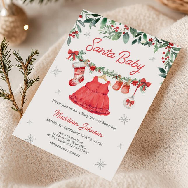 Red Santa Christmas Festive Baby Dusche Einladung (Santa Baby Clothesline Baby Shower Invitation)