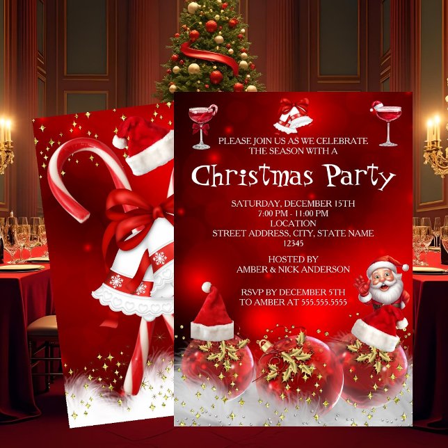 Red Santa Gold Baubles Christmas Holiday Party Einladung (Von Creator hochgeladen)