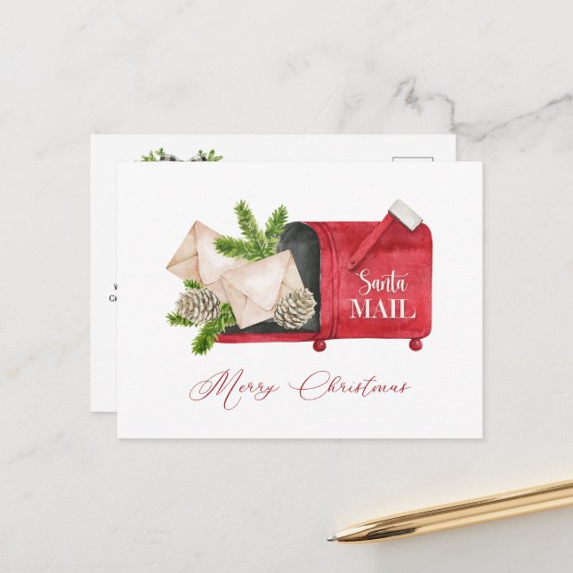 Red Santa Mailbox mit Pinecones und Pine Boughs Postkarte (Vorderseite/Rückseite Beispiel)