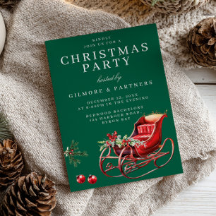 Red Santa Sleigh Office Christmas Party Green Einladung
