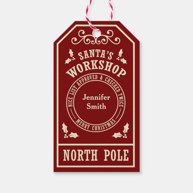 Red Santa's Workshop North Pole Weihnachtsmarken Geschenkanhänger (Vorderseite)