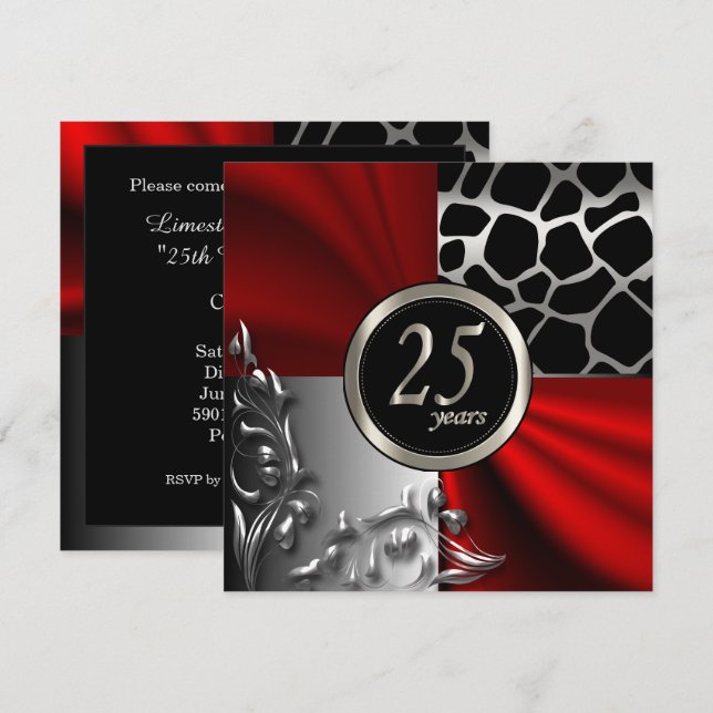 Red Satin & Silver 25-jähriges Party Einladung (Vorne/Hinten)