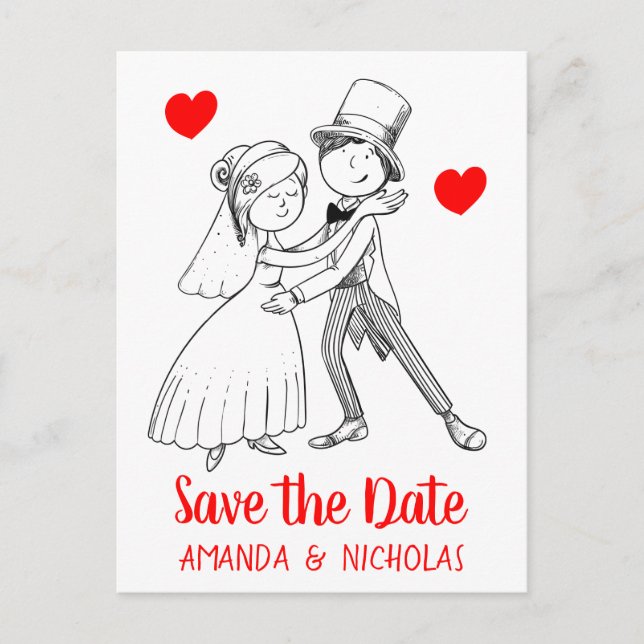 Red Save the Date Wedding Cartoon Bride Groom Postkarte (Vorderseite)