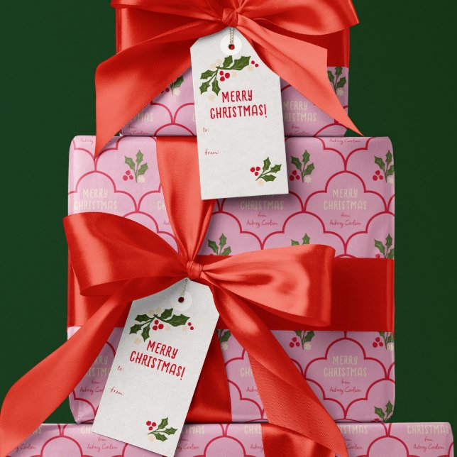Red Scallop Tile Weihnachtsrippen Geschenkanhänger (festive Christmas gift tags with illustrated holly, berries, and flowers and red twine)