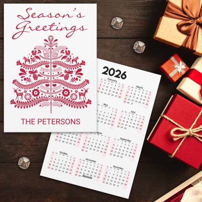 Red Scandinavian Folk Art Christmas Tree Calendar Feiertagskarte (Von Creator hochgeladen)