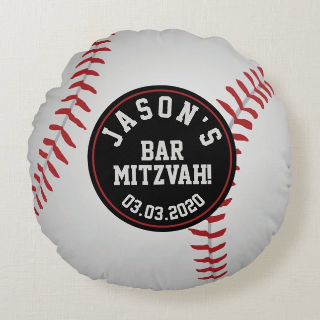 Red Schwarz-weiß Baseball Bar Mitzvah Rundes Kissen (Vorderseite)