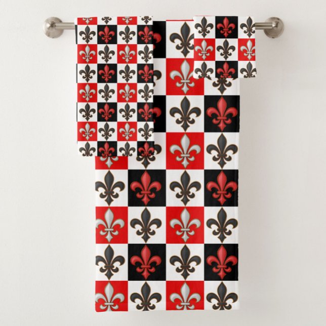 Red Schwarz-weiß Checkered Fleur-de-lis-Design Badhandtuch Set (Von Creator hochgeladen)
