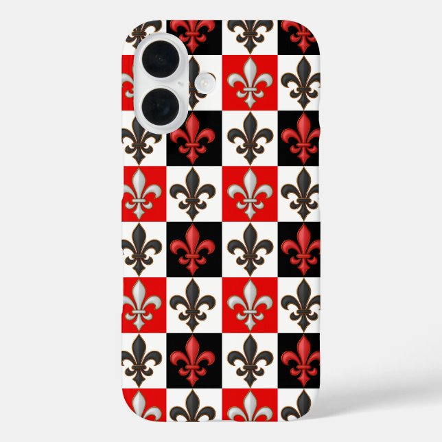 Red Schwarz-weiß Checkered Fleur-de-lis-Design iPhone 16 Hülle (Rückseite)
