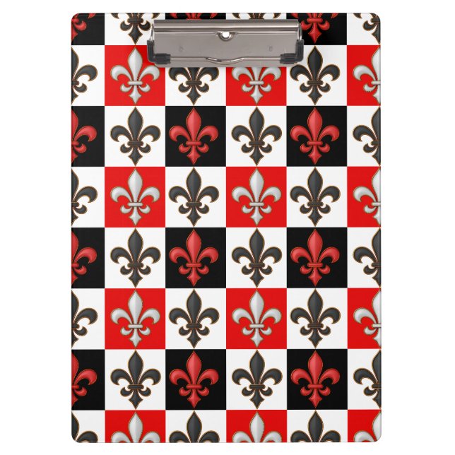 Red Schwarz-weiß Checkered Fleur-de-lis-Design Klemmbrett (Vorderseite)