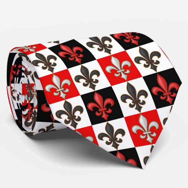 Red Schwarz-weiß Checkered Fleur-de-lis-Design Krawatte (Von Creator hochgeladen)